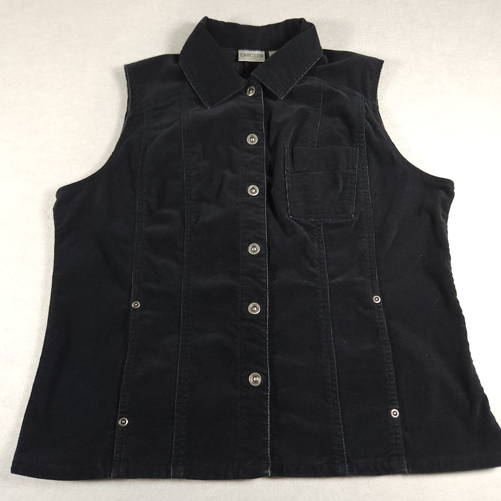 Chico's Black Corduroy Vest Women's Size 1 Snap Front Cotton Casual Utility